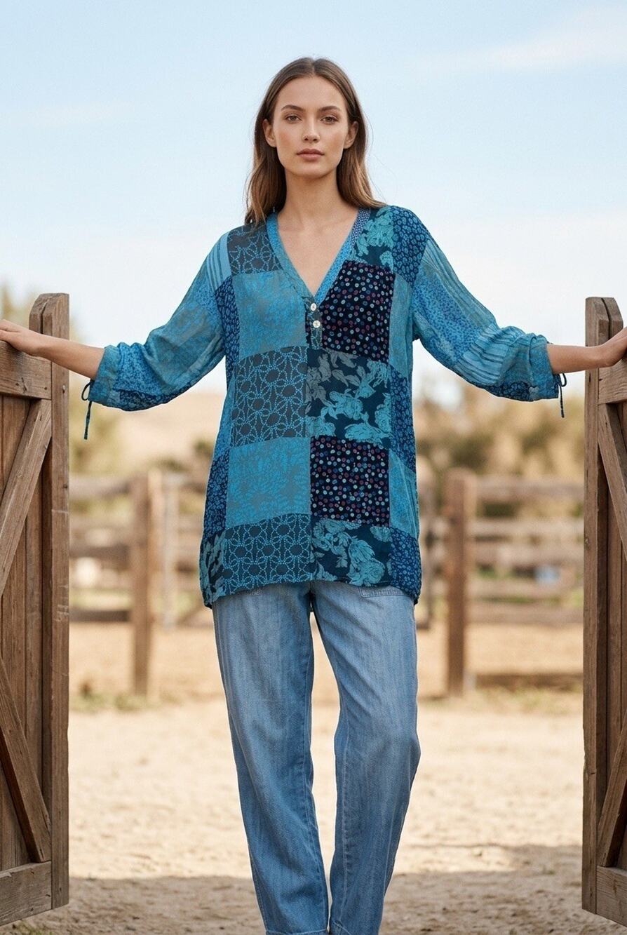 Patchwork Floral Shirt Made in India Blouse Boho Cottagecore Artsy XL Women's